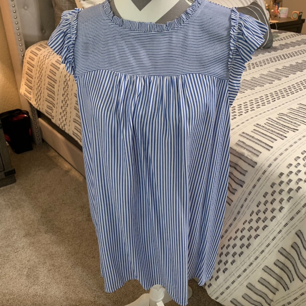 LOFT Blue White Striped Flutter Sleeve Blouse Size L Large